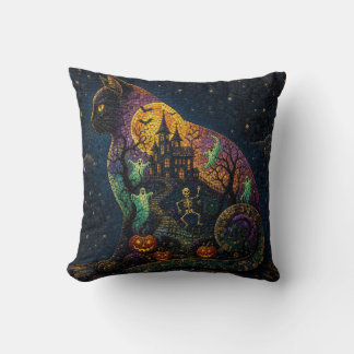 Halloween Mosaic Haunted Castle Black Cat Cushion