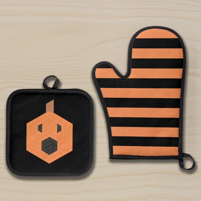 Halloween Mosaic Jack-o-Lantern with Optional Text Oven Mitt & Pot Holder Set (Creator Uploaded)