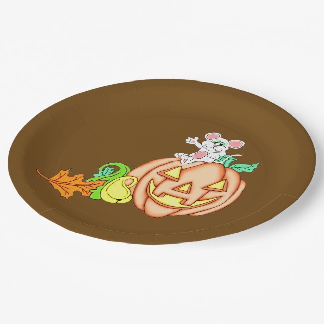 Halloween Mouse And Pumpkin Paper Plate (Angled)
