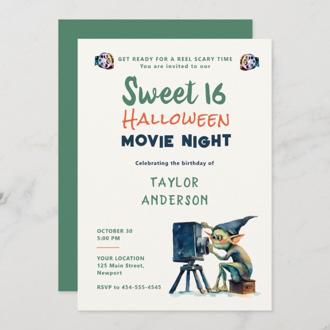 Halloween Movie Night Cute Gremlin Fun Sweet 16 Invitation (Front/Back)