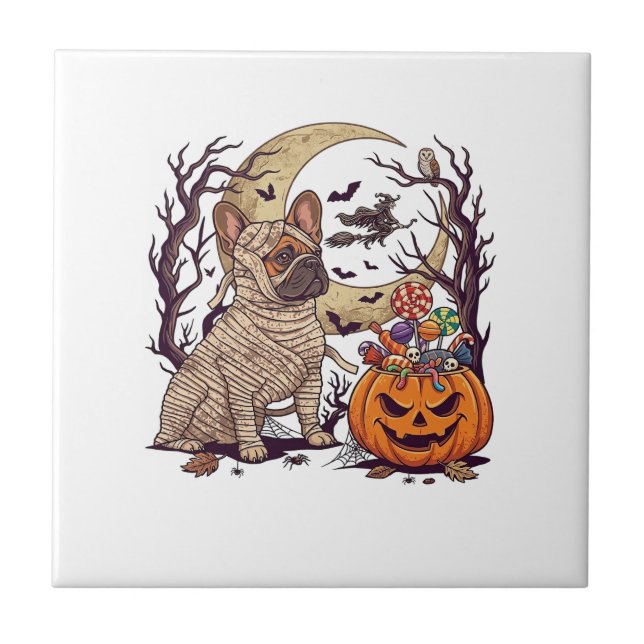 Halloween Mummy French Bulldog Pumpkin Candy Witch Ceramic Tile (Front)