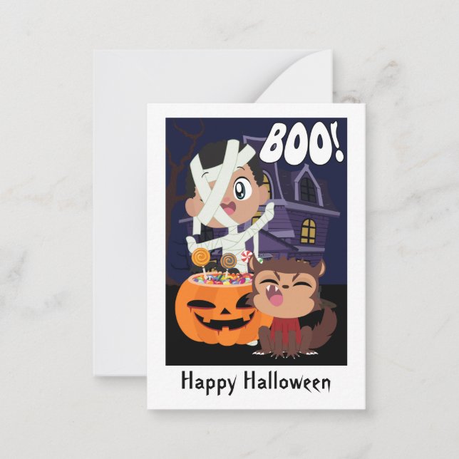 Halloween Mummy, Pumpkin and Werewolf Mini Card (Front)