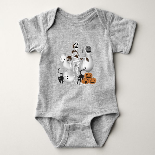 Halloween Mummy with Kitty Cats and Ghost  Baby Bodysuit (Front)