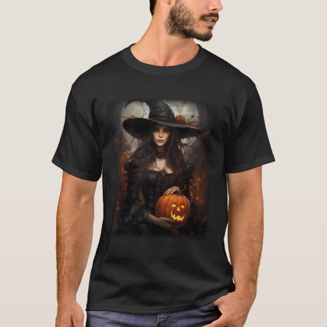 Halloween Mystical Beautiful Witch And The Pumpkin T-Shirt (Front)