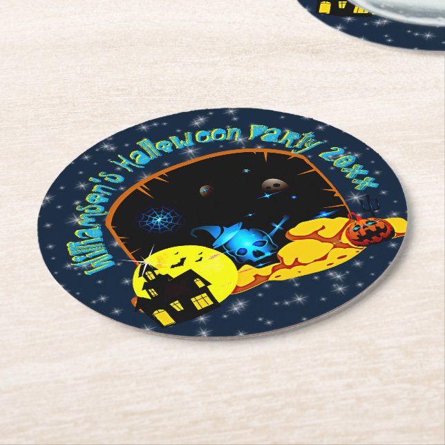 Halloween Name 20xx Cave Blue Glow Skull Pumpkin  Round Paper Coaster (Angled)