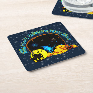 Halloween Name 20xx Cave Blue Glow Skull Pumpkin Square Paper Coaster