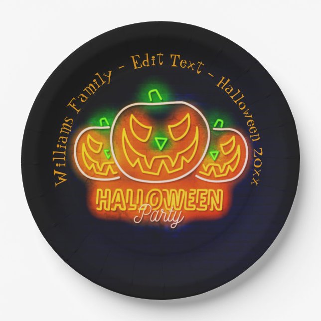 Halloween Name Year 20xx Neon Glow Look Pumpkin 9" Paper Plate (Front)