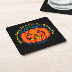Halloween Name Year 20xx Neon Glow Look Pumpkin Square Paper Coaster