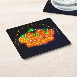 Halloween Name Year 20xx Neon Glow Look Pumpkin  Square Paper Coaster