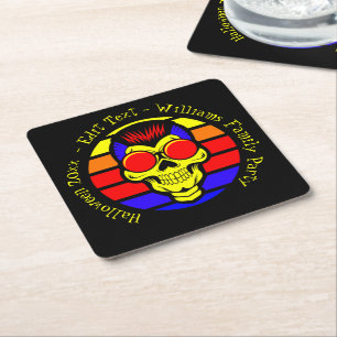 Halloween Name Year 20xx Text Retro Sunset Skull Square Paper Coaster