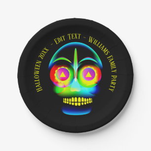 Halloween Name Year Neon Look Glow Blue Skull 7" Paper Plate