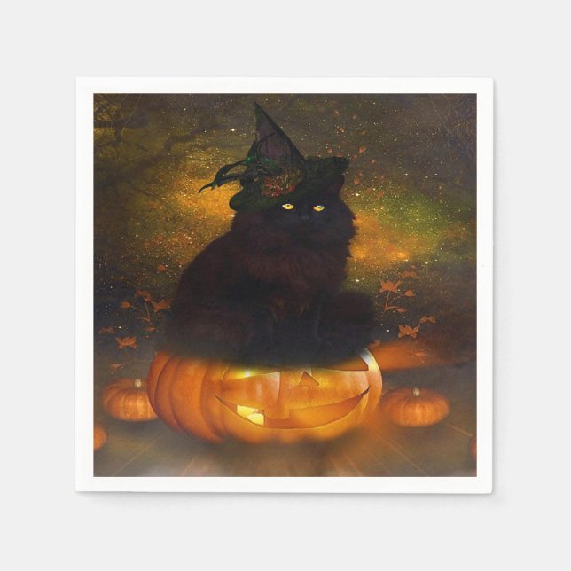 Halloween Napkin/Black Cat sitting on pumpkin Napkin (Front)