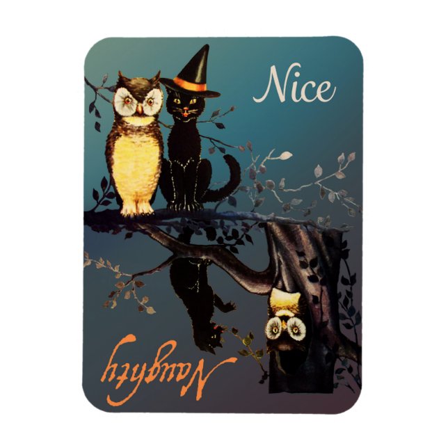Halloween Naughty or Nice Magnet | Cat and Owl (Vertical)