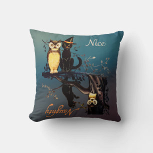 Halloween Naughty or Nice Pillow - Cat and Owl