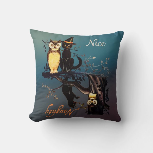 Halloween Naughty or Nice Pillow - Cat and Owl (Front)