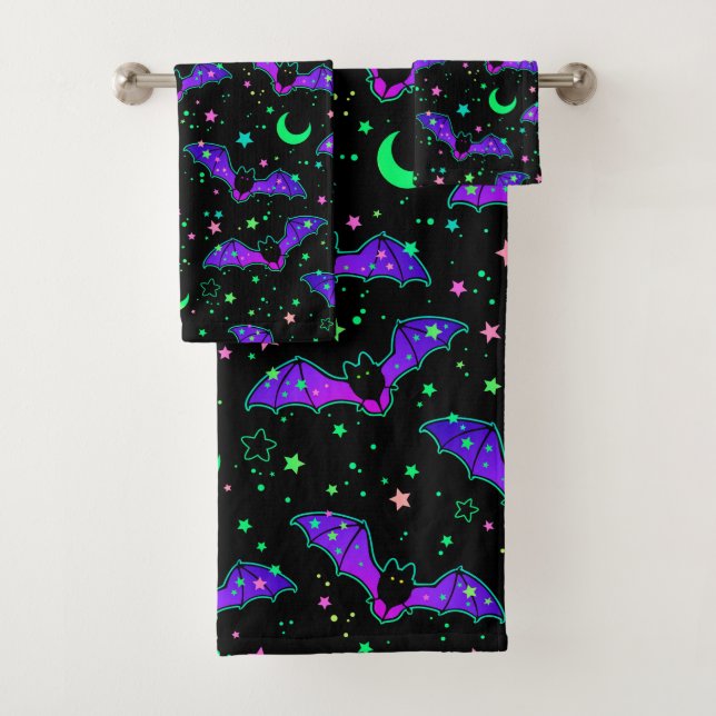 Halloween Neon Bats, Moons and Stars Bath Towel  (Insitu)