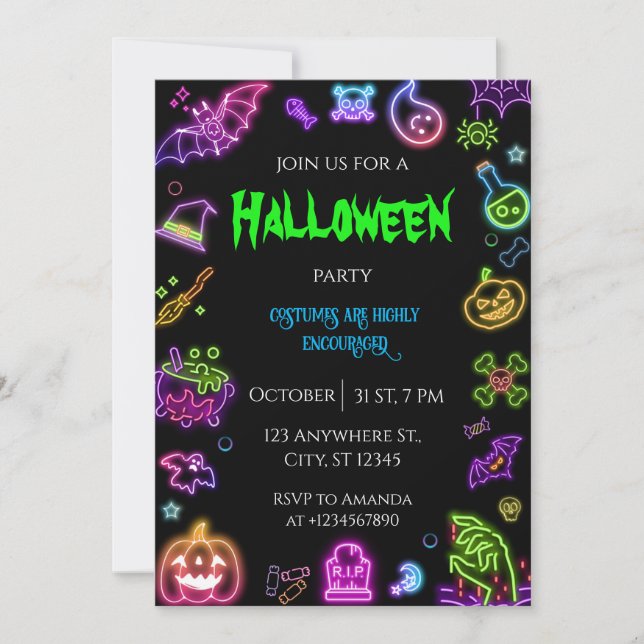 Halloween Neon Costume Party Invitation (Front)