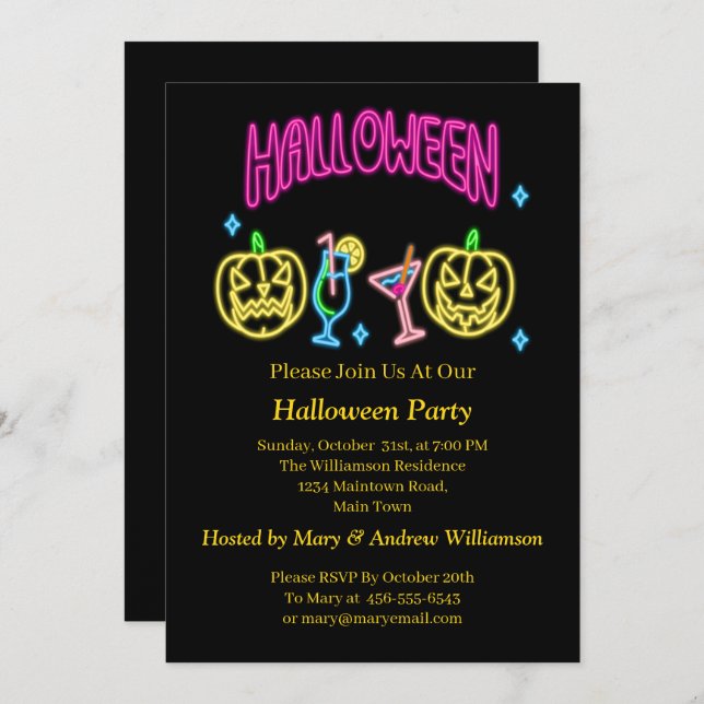 Halloween Neon Glow Look Pumpkin Cocktail Party Invitation (Front/Back)