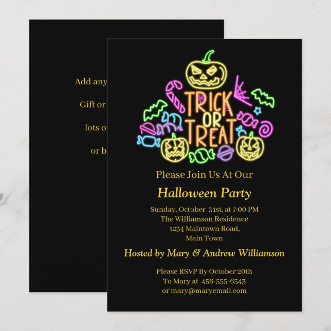 Halloween Neon Glow Look Trick Treat Candy Party  Invitation (Front/Back)