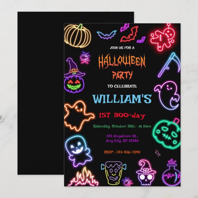 Halloween Neon Kids Birthday Party Glow Dark  Invitation (Front/Back)