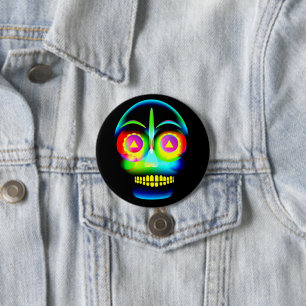 Halloween Neon Look Glow Blue Yellow Skull 7.5 Cm Round Badge