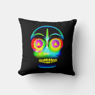 Halloween Neon Look Glow Blue Yellow Skull Cushion