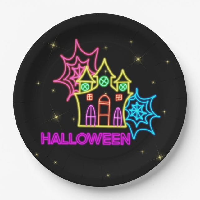 Halloween Neon Look Haunted House Spider Web 9" Paper Plate (Front)