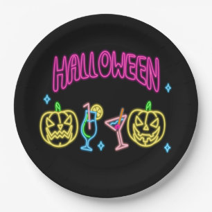 Halloween Neon Look Pumpkin Cocktail Party 9" Paper Plate