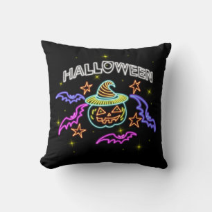 Halloween Neon Look Pumpkin Hat Bats Party Cushion