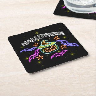Halloween Neon Look Pumpkin Hat Bats Party Square Paper Coaster
