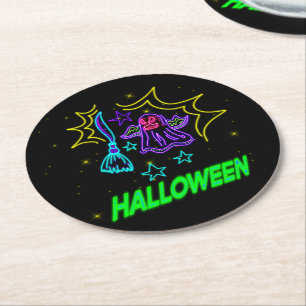Halloween Neon Look Purple Ghost Broom Party Round Paper Coaster
