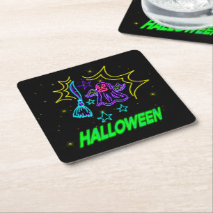 Halloween Neon Look Purple Ghost Broom Party Square Paper Coaster