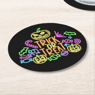 Halloween Neon Look Trick Treat Candy  Party Round Paper Coaster