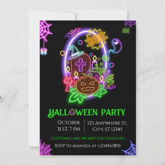  Halloween Neon Party Invitation Ghosts & Pumpkins