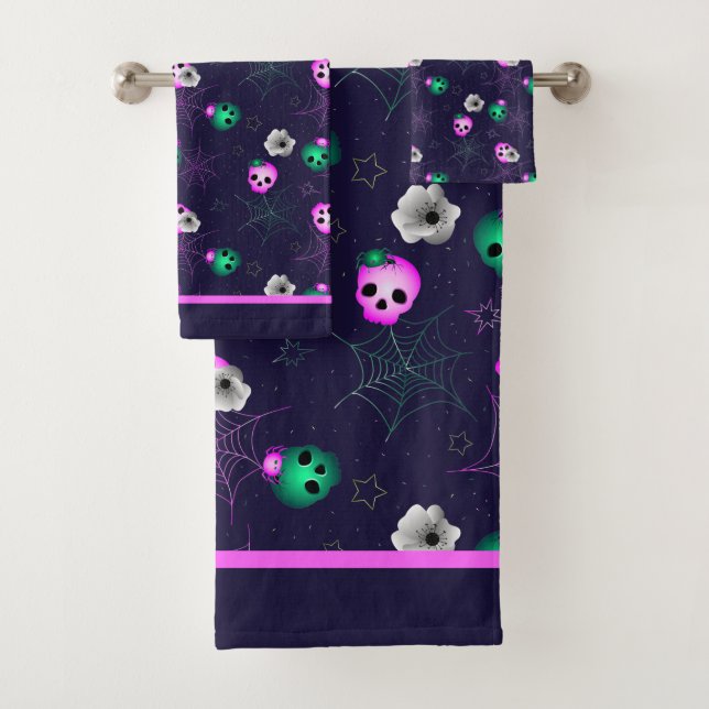 Halloween Neon Pink and Green Glowing Skulls Bath Towel Set (Insitu)