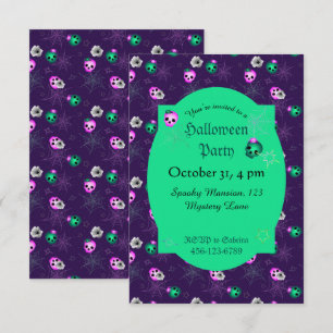 Halloween Neon Pink and Green Glowing Skulls Inv Invitation
