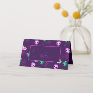   Halloween Neon Pink and Green Glowing Skulls Pla Place Card