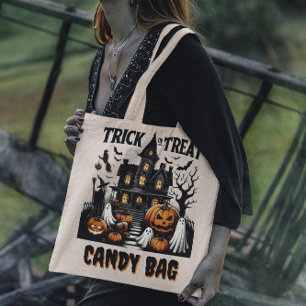 Halloween night at a haunted house with pumpkins tote bag