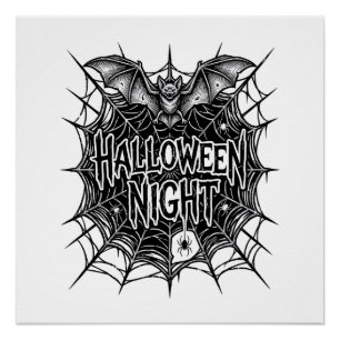 Halloween Night Bat Spiderweb Vintage Shirt Design Poster