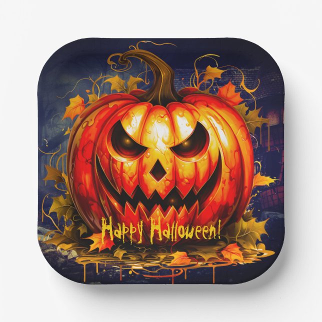 Halloween Night Creepy Pumpkin Paper Plate (Front)