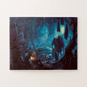 Halloween Night Full Moon Haunted Graveyard Jigsaw Puzzle