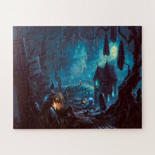Halloween Night Full Moon Haunted Graveyard Jigsaw Puzzle
