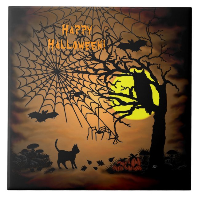 Halloween Night , Happy Halloween ! Ceramic Tile (Front)
