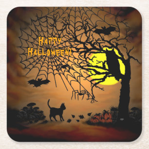 Halloween Night , Happy Halloween ! Square Paper Coaster