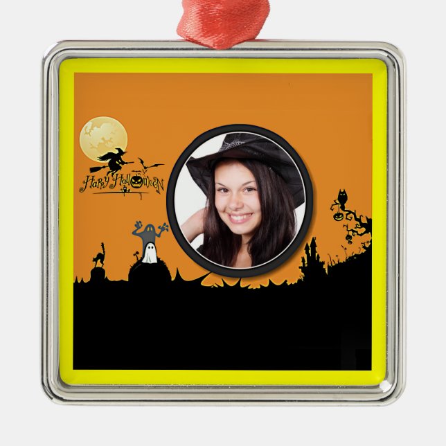Halloween Night in Orange Glow Add Your Photo Metal Ornament (Front)