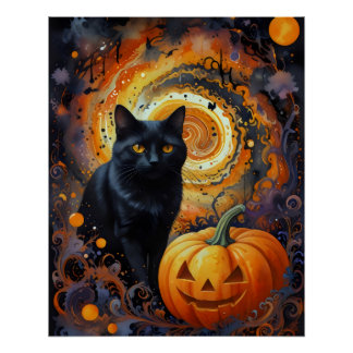 Halloween Night Magic - Cat & Pumpkin Poster