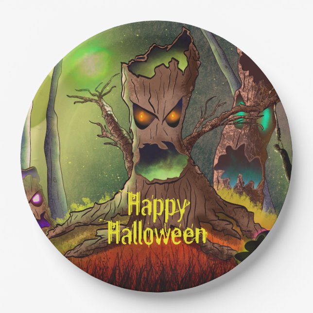 Halloween Night Monster Tree Paper Plate (Front)