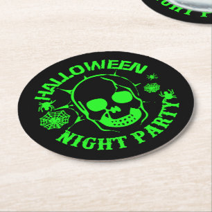 Halloween Night Party Skull Spiders Web Green Round Paper Coaster