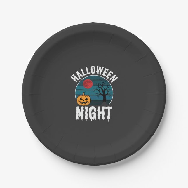 Halloween Night Pumpkin Tree Vector Paper Plate (Front)