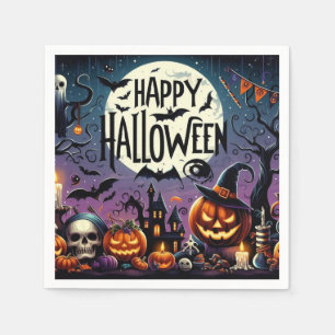 Halloween Night Pumpkins, Skulls & Haunted House Napkin